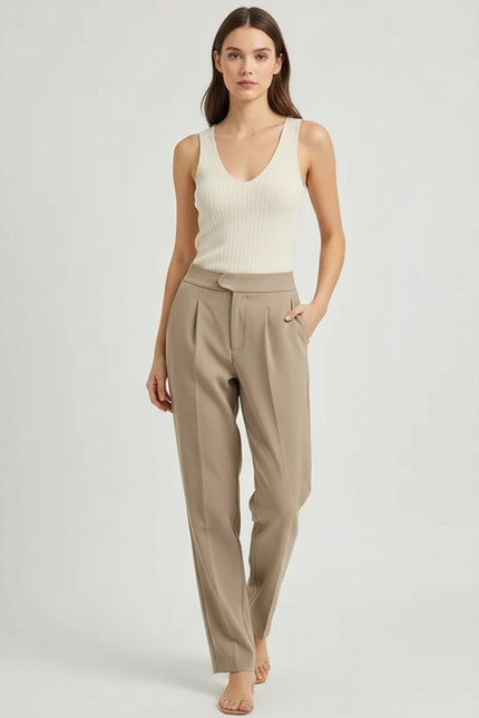 Pantalon Chino Taille Haute - Beige Gabardine