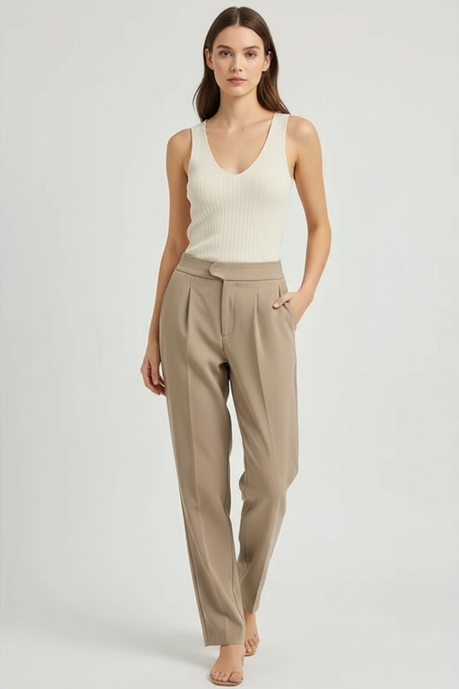 Pantalon Chino Taille Haute - Beige Gabardine