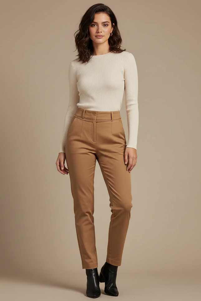 Pantalon Taille Haute Chino - Camel Gabardine