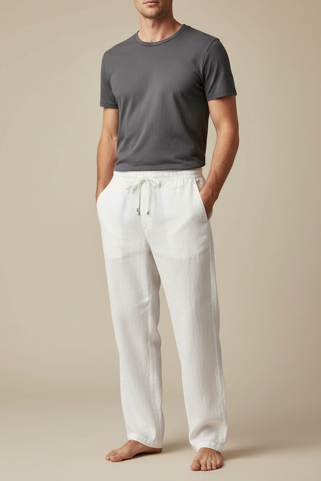 Pantalon Chino Blanc Lin Cordon Ample Homme