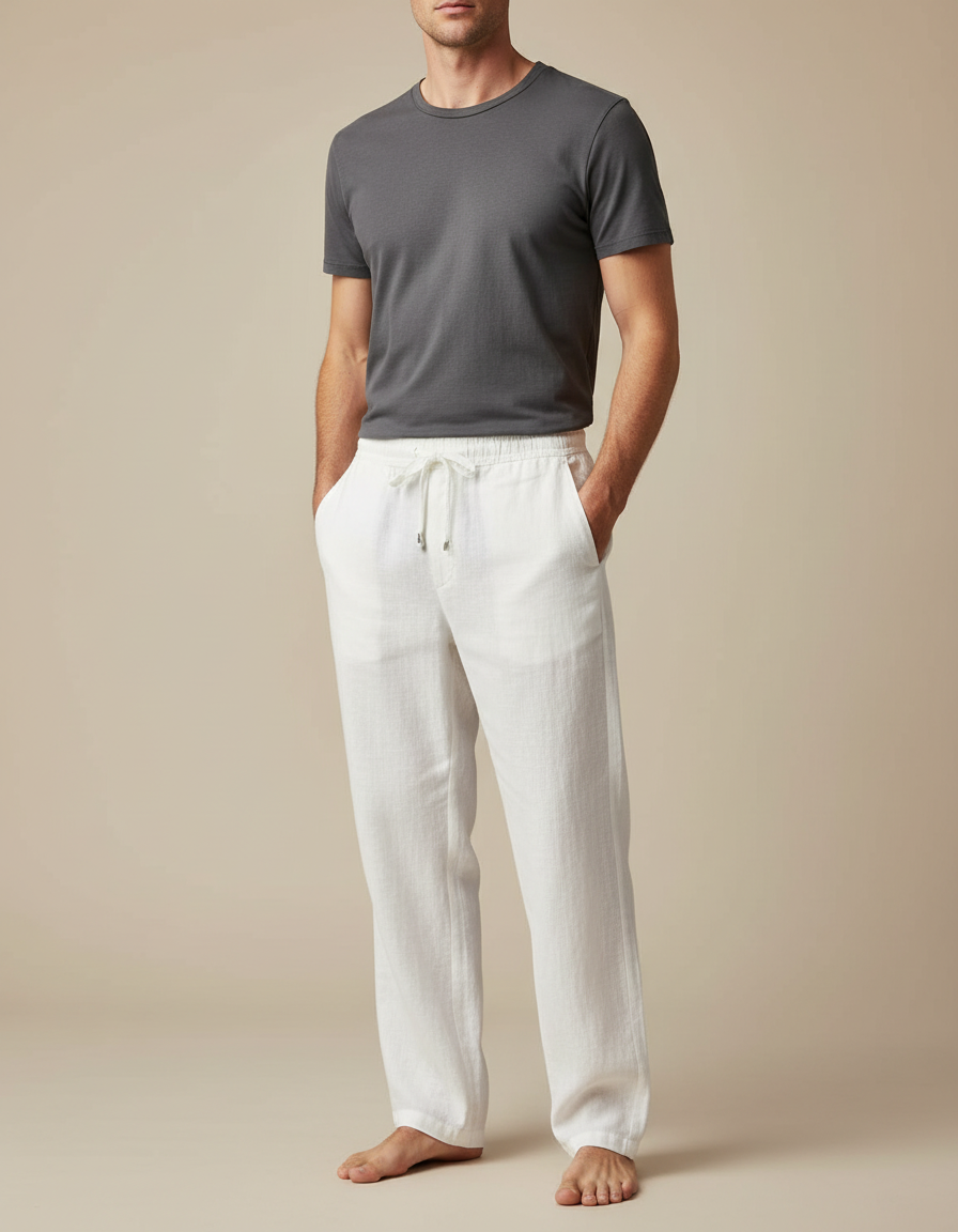 Pantalon Chino Blanc Lin Cordon Ample Homme