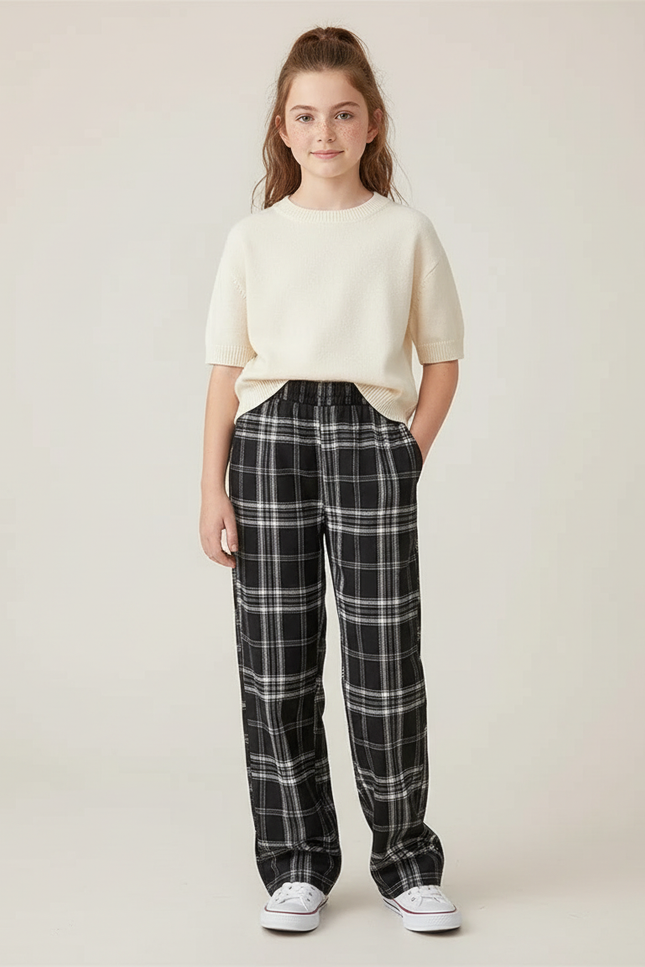 Pantalon Chino Noir Carreaux Ample Décontracté Fille - Coton