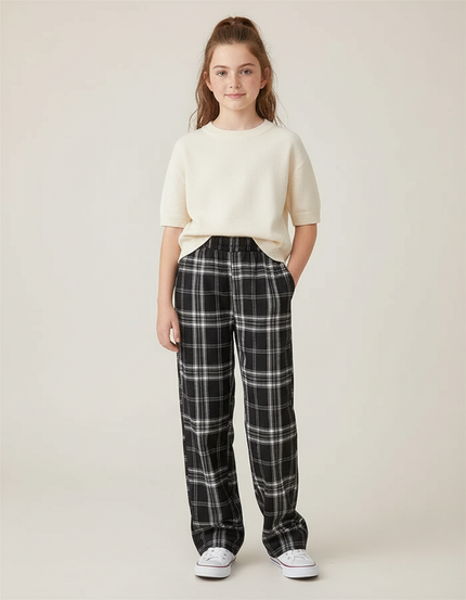 Pantalon Chino Noir Carreaux Ample Décontracté Fille - Coton