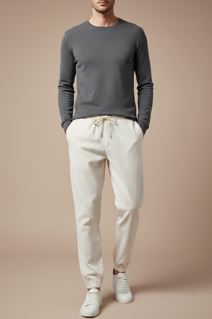Pantalon Chino Écru Cordon Décontracté Lin Coton Homme - Beige