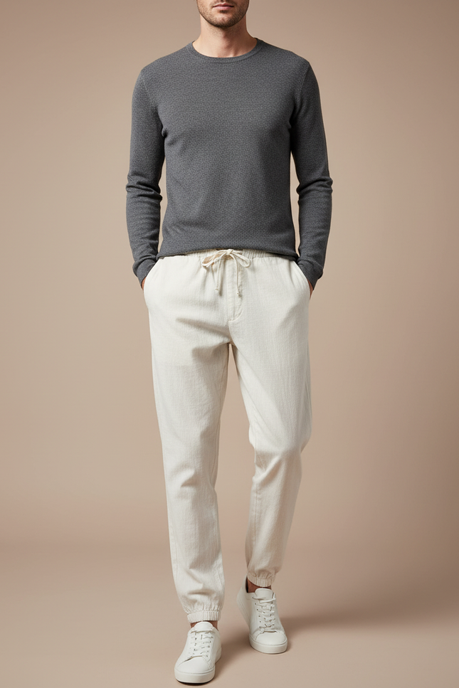 Pantalon Chino Écru Cordon Décontracté Lin Coton Homme - Beige