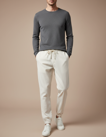 Pantalon Chino Écru Cordon Décontracté Lin Coton Homme - Beige