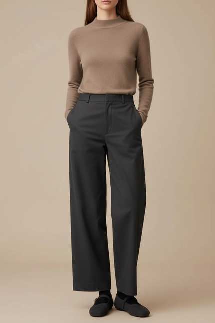 Pantalon Chino Gris Foncé Ample Coupe Droite Femme - Gabardine