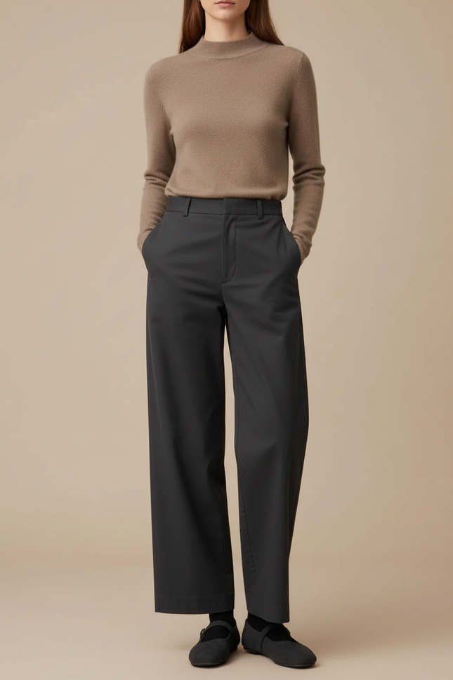 Pantalon Chino Gris Foncé Ample Coupe Droite Femme - Gabardine
