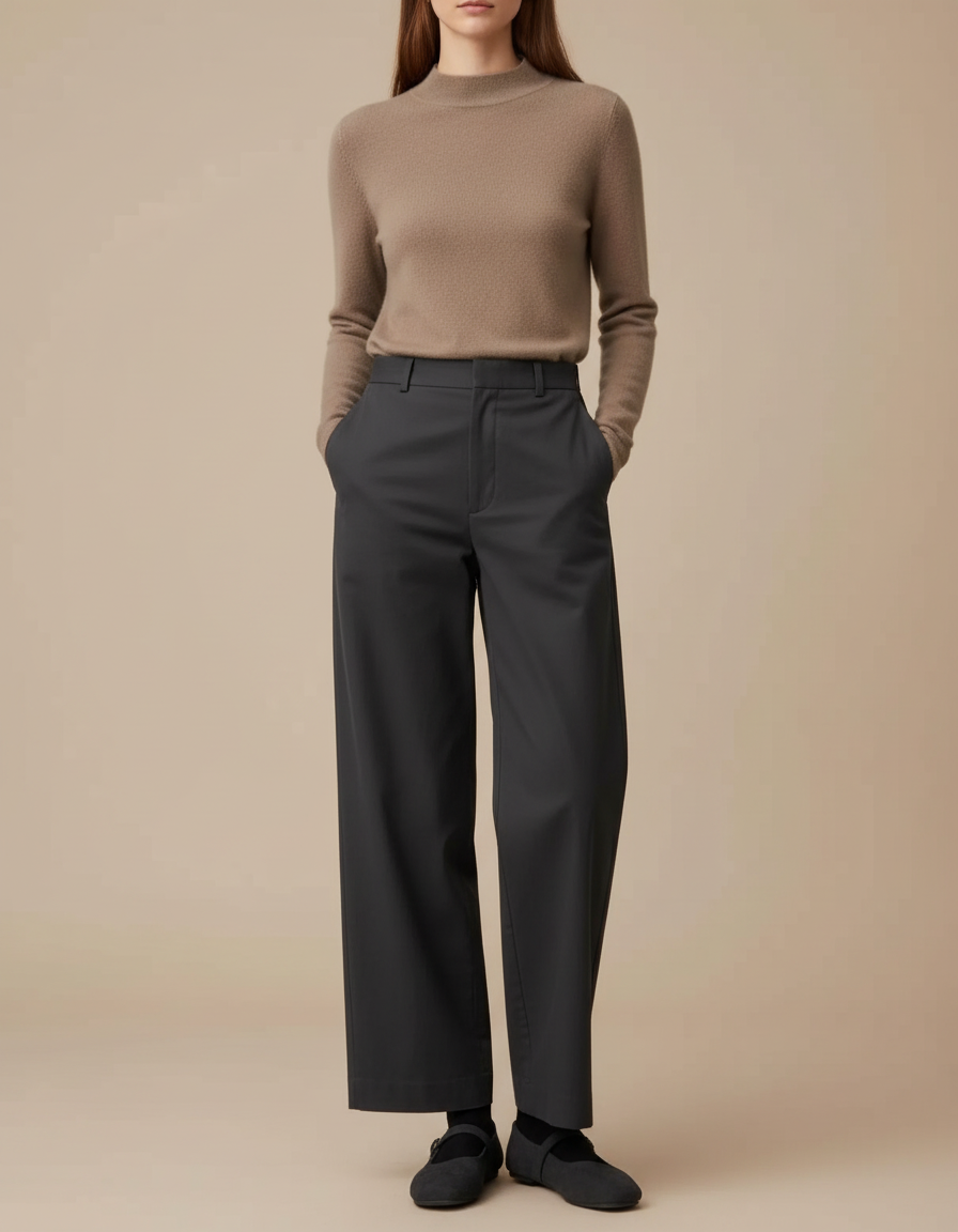 Pantalon Chino Gris Foncé Ample Coupe Droite Femme - Gabardine