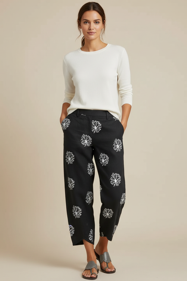 Pantalon Chino Noir Imprimé Blanc Ample Femme - Lin