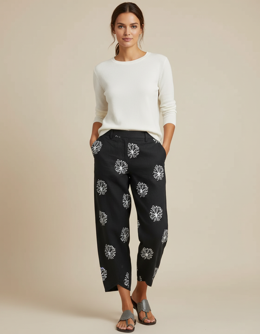 Pantalon Chino Noir Imprimé Blanc Ample Femme - Lin
