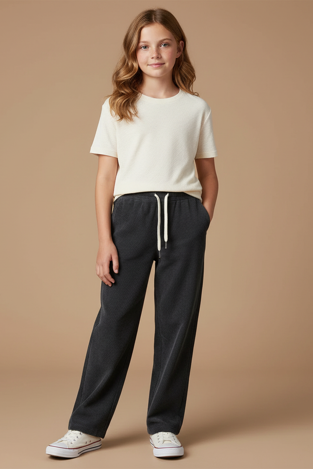 Pantalon Chino Fille Gris Coupe Ample - Cordé
