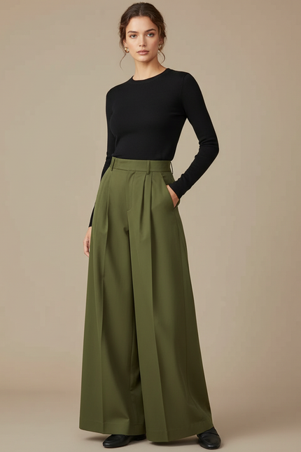 Pantalon Chino Vert Ample Plissé Taille Haute - Kaki Gabardine