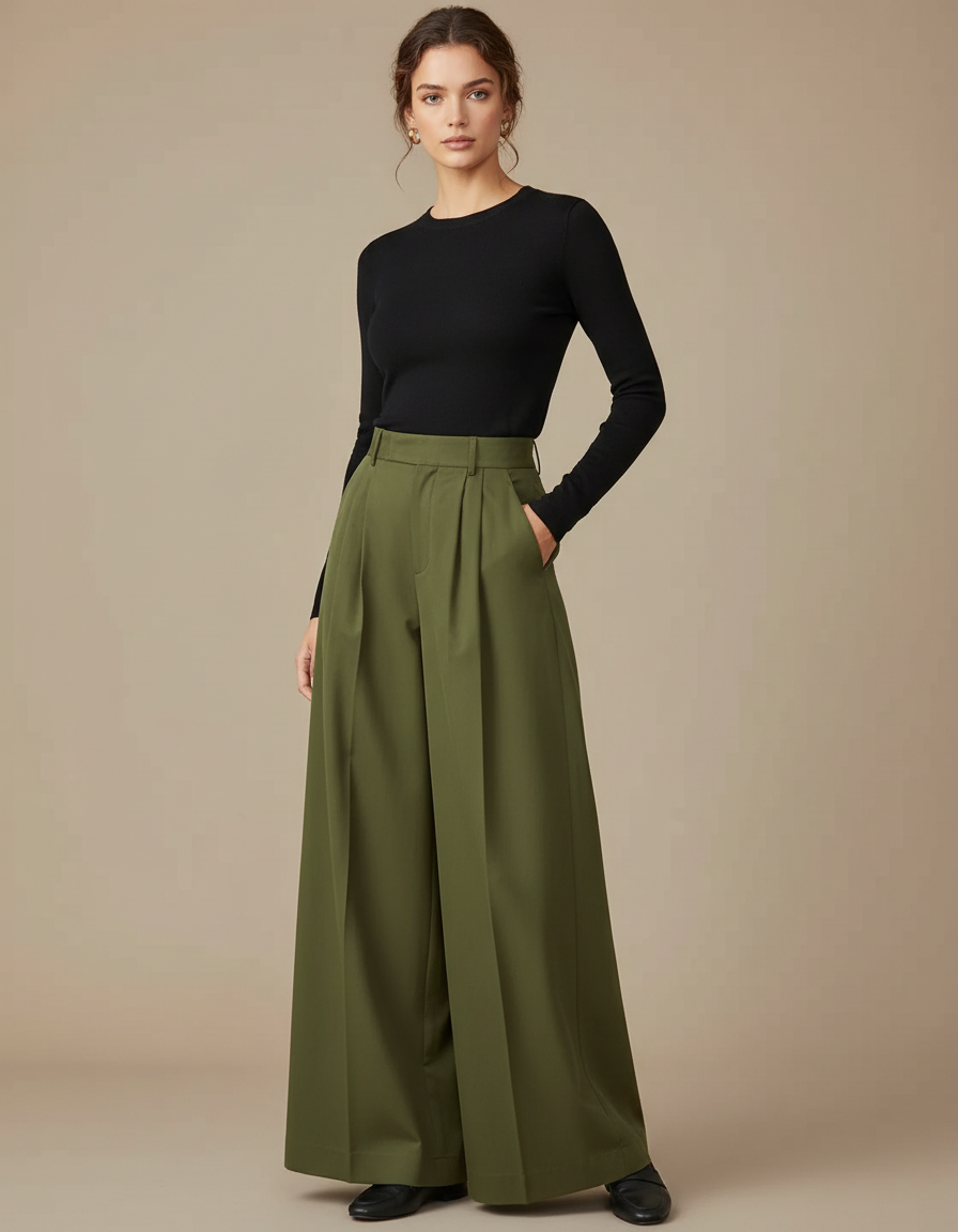 Pantalon Chino Vert Ample Plissé Taille Haute - Kaki Gabardine