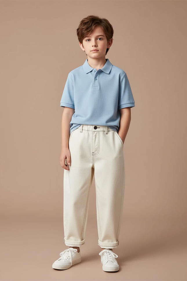 Pantalon Chino Écru Garçon Ample Coton Décontracté - Beige