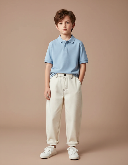 Pantalon Chino Écru Garçon Ample Coton Décontracté - Beige