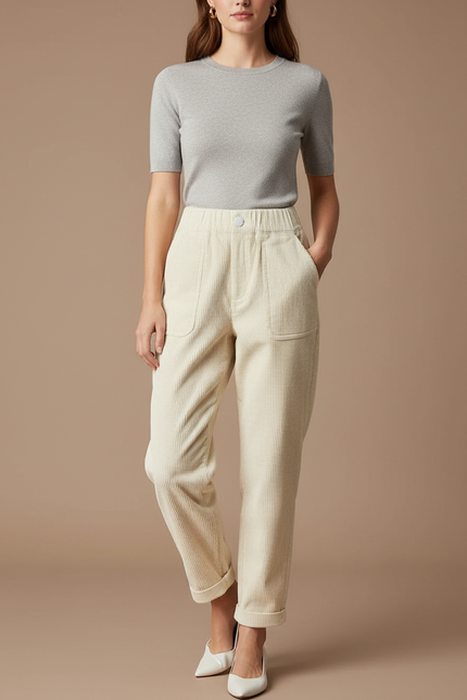 Pantalon Chino Crème Côtelé Ample Femme Casual - Beige Cordé