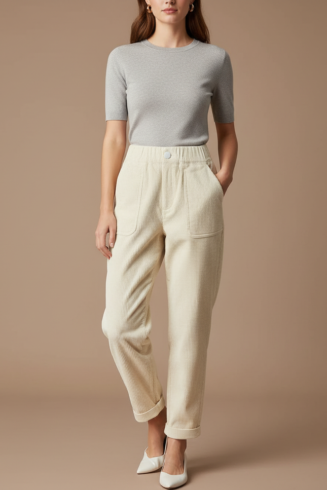 Pantalon Chino Crème Côtelé Ample Femme Casual - Beige Cordé
