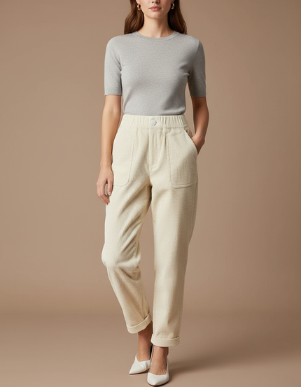 Pantalon Chino Crème Côtelé Ample Femme Casual - Beige Cordé