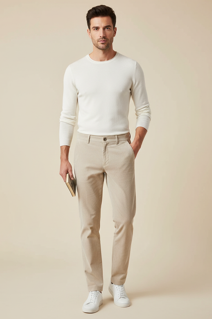 Pantalon Chino Beige Côtelé Slim Élégant Homme - Cordé