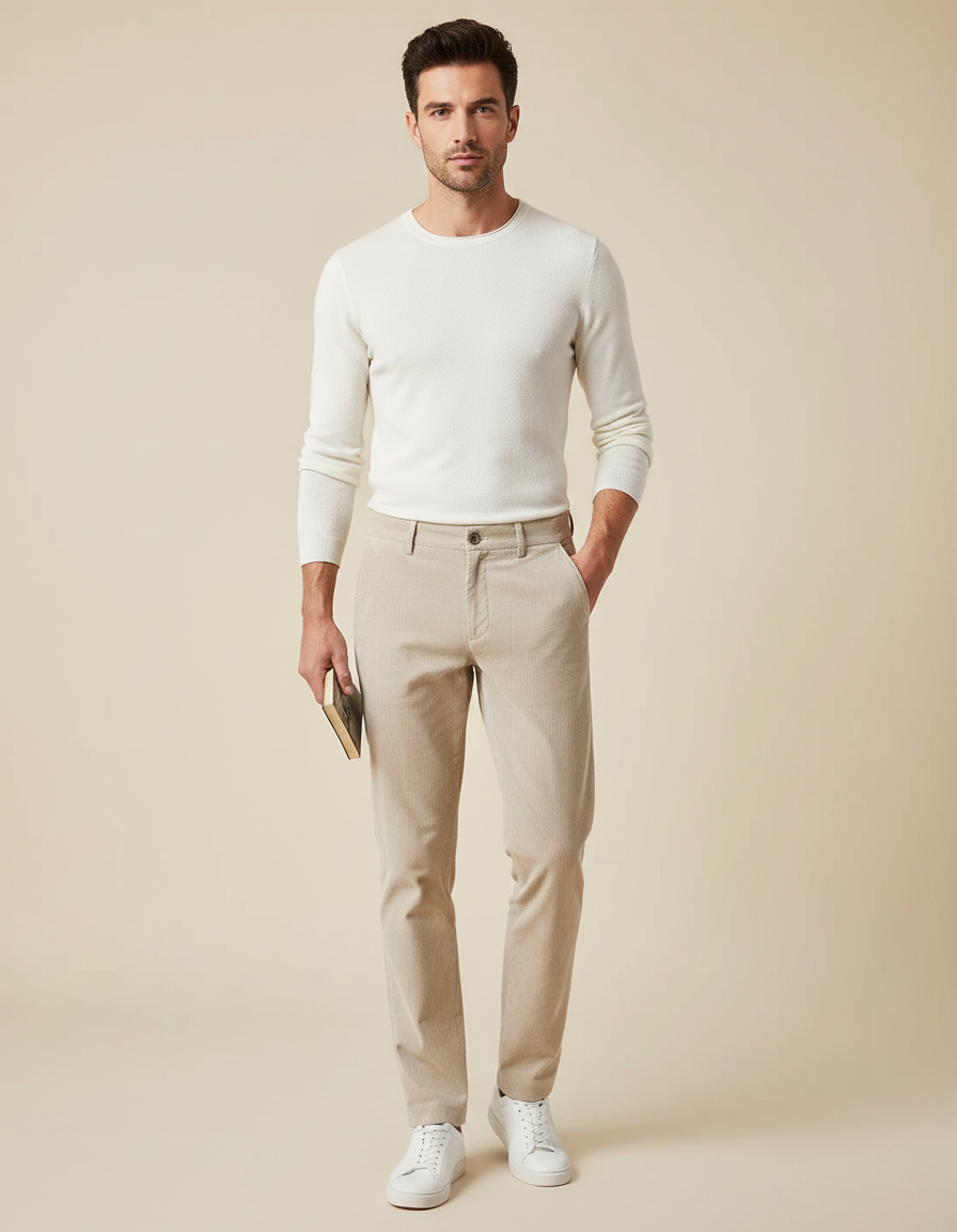Pantalon Chino Beige Côtelé Slim Élégant Homme - Cordé