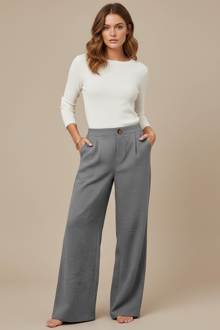 Pantalon Chino Gris Fluide Taille Haute Ample - Viscose