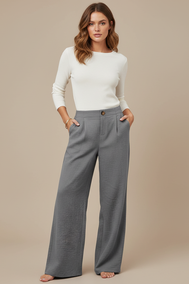 Pantalon Chino Gris Fluide Taille Haute Ample - Viscose