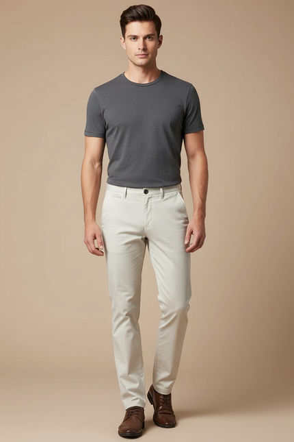 Pantalon Chino Beige Clair Coton Coupe Droite Élégant Homme
