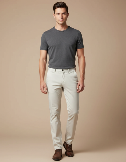 Pantalon Chino Beige Clair Coton Coupe Droite Élégant Homme