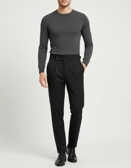 Pantalon Chino Noir Plissé Droit Élégant Homme - Gabardine
