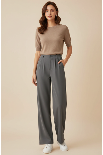 Pantalon Chino Gris Fluide Ample Élégant Femme - Polyester