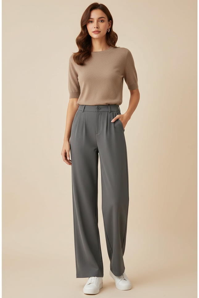Pantalon Chino Gris Fluide Ample Élégant Femme - Polyester