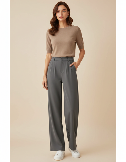 Pantalon Chino Gris Fluide Ample Élégant Femme - Polyester