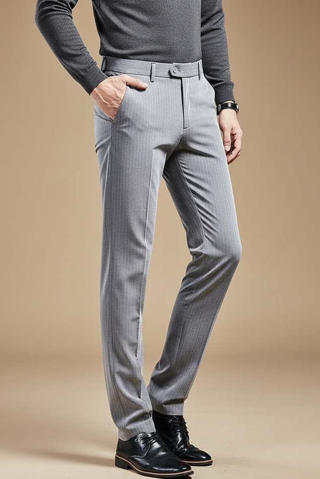 Pantalon Chino Gris Rayé Slim Élégant Homme - Gabardine