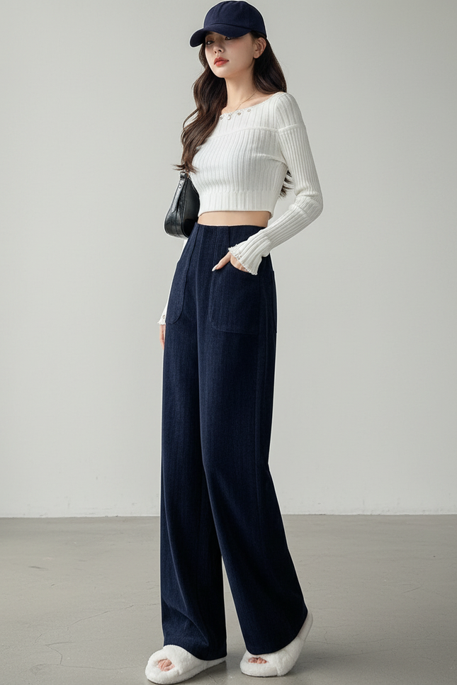 Pantalon Chino Velours Côtelé Ample Taille Haute Femme - Marine Cordé
