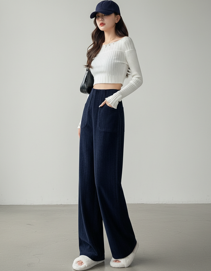 Pantalon Chino Velours Côtelé Ample Taille Haute Femme - Marine Cordé
