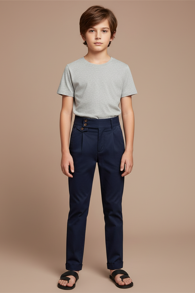 Pantalon Chino Bleu Marine Slim Boutonné Enfant - Gabardine