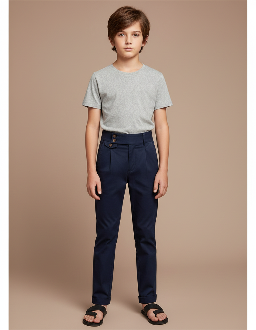 Pantalon Chino Bleu Marine Slim Boutonné Enfant - Gabardine
