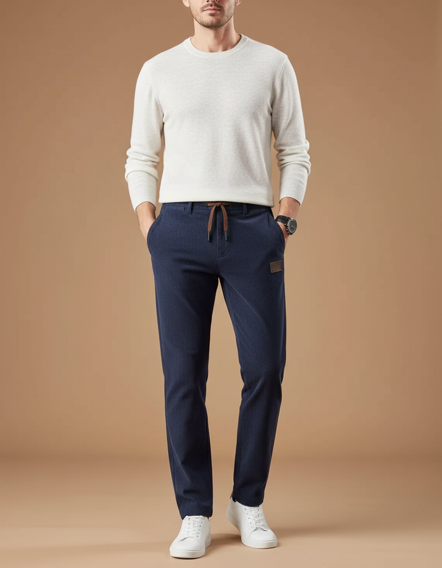 Pantalon Chino Bleu Marine Côtelé Droit Cordon Homme - Cordé