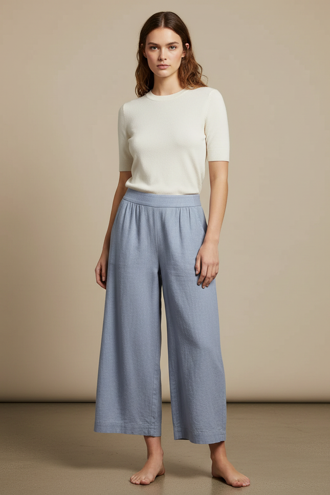 Pantalon Chino Bleu Ample Lin Décontracté Femme
