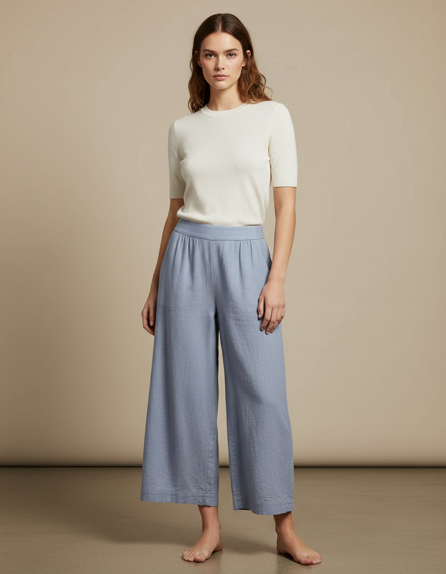 Pantalon Chino Bleu Ample Lin Décontracté Femme