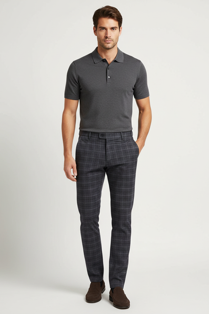 Pantalon Chino Carreaux Homme Slim Gris Élégant Moderne - Laine