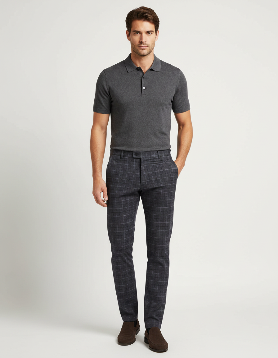 Pantalon Chino Carreaux Homme Slim Gris Élégant Moderne - Laine
