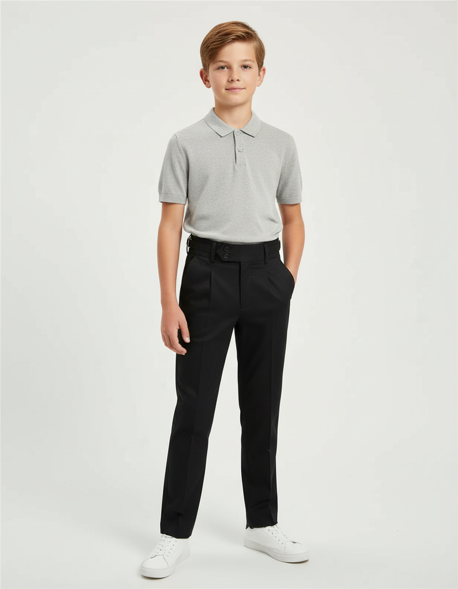 Pantalon Chino Noir Plissé Slim Enfant Élégant - Gabardine