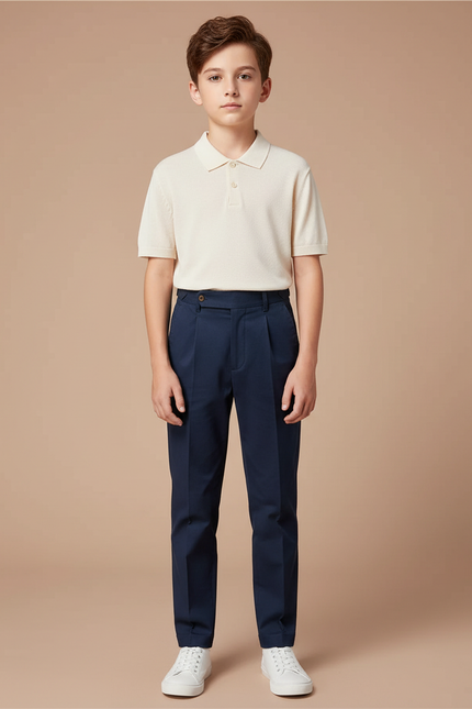 Pantalon Chino Bleu Marine Plissé Coton Enfant