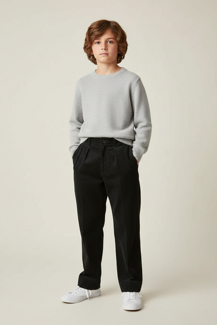 Pantalon Chino Noir Velours Côtelé Plissé Enfant - Cordé