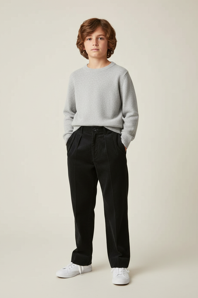 Pantalon Chino Noir Velours Côtelé Plissé Enfant - Cordé