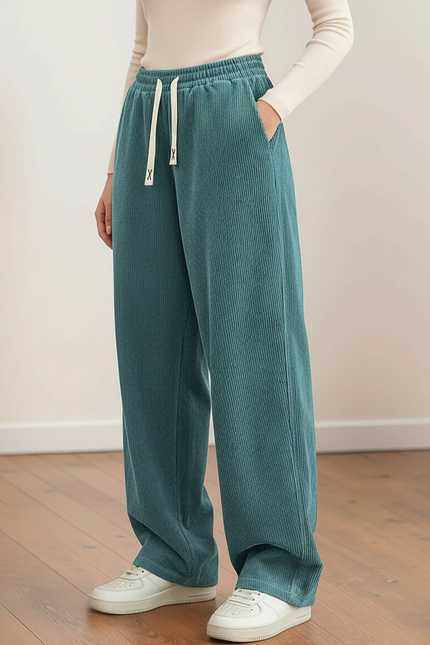 Pantalon Chino Velours Côtelé Ample Décontracté Vert Canard - Cordé