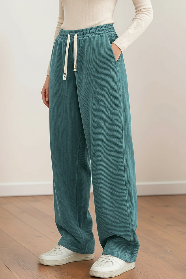 Pantalon Chino Velours Côtelé Ample Décontracté Vert Canard - Cordé