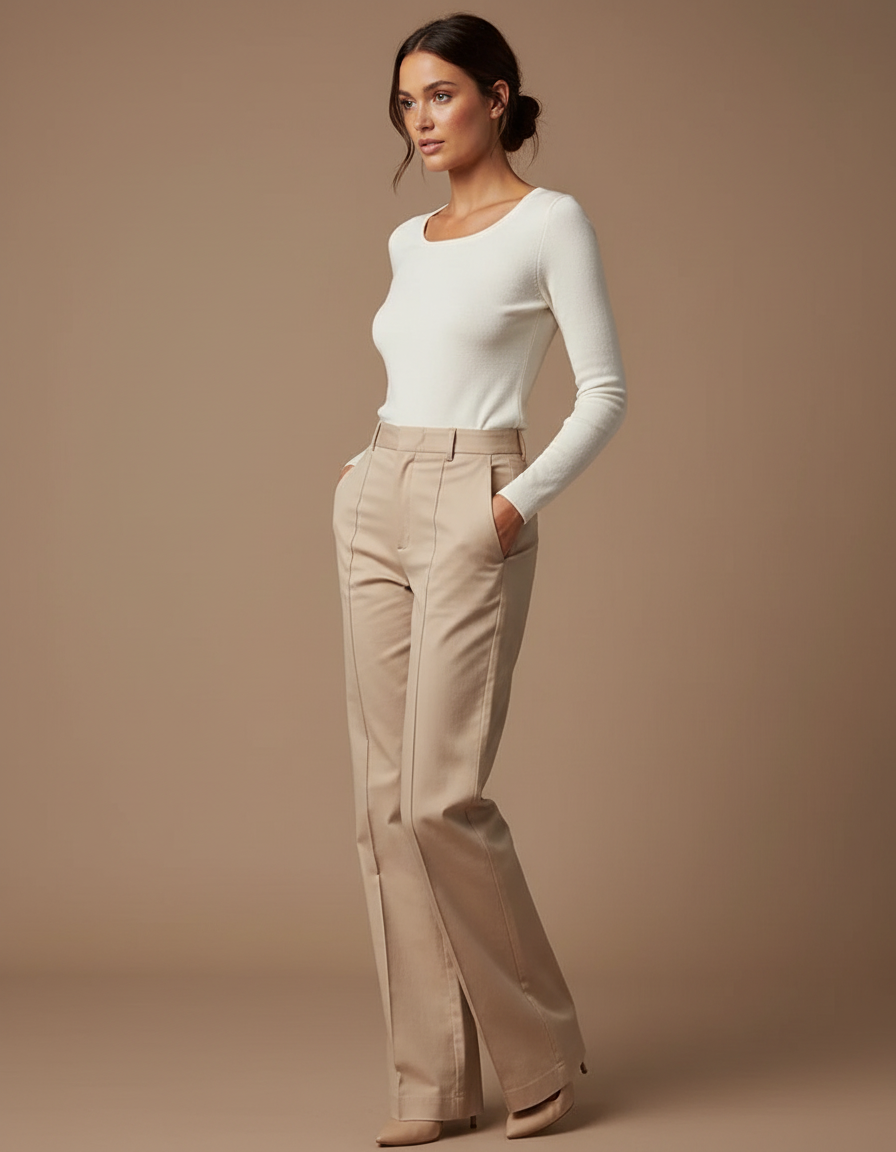 Pantalon Chino Beige Taille Haute Évasé Femme Élégant - Gabardine